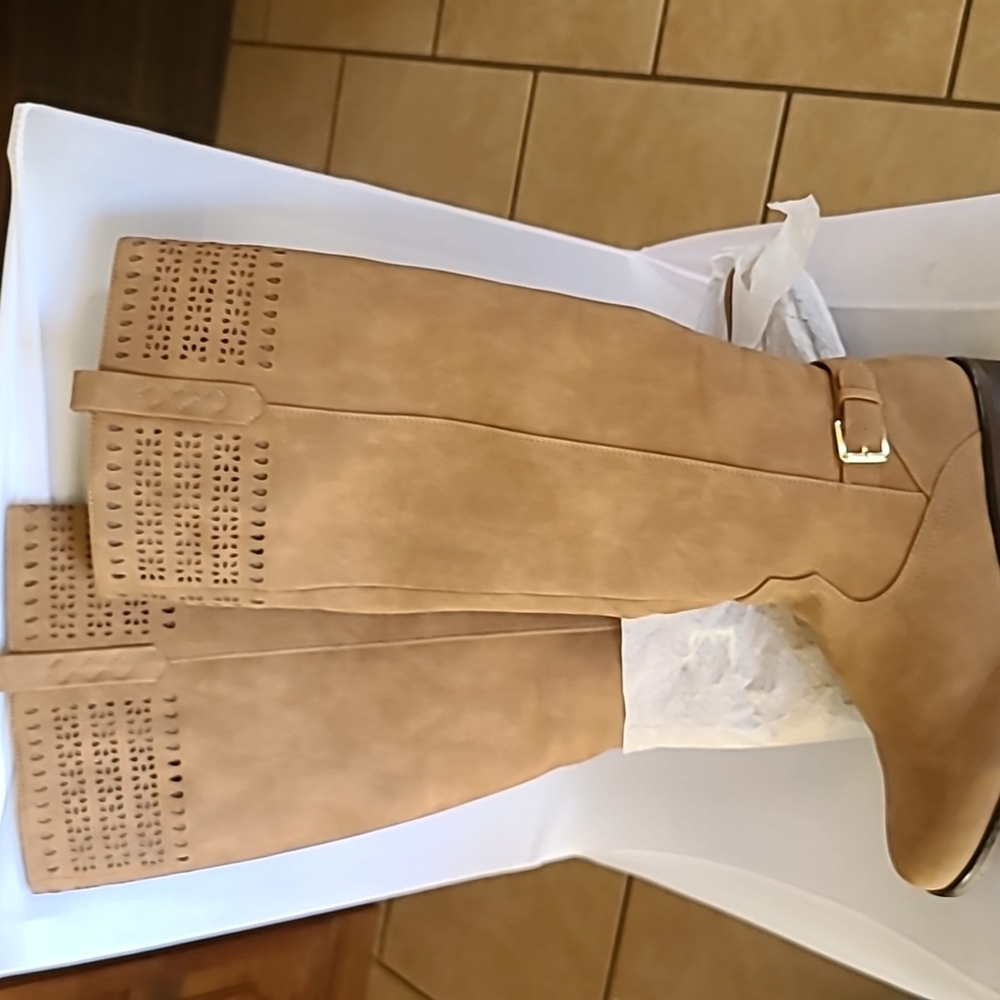 Women's Suede boot. Calf height. Brown. Size 11. Zippered and details. New